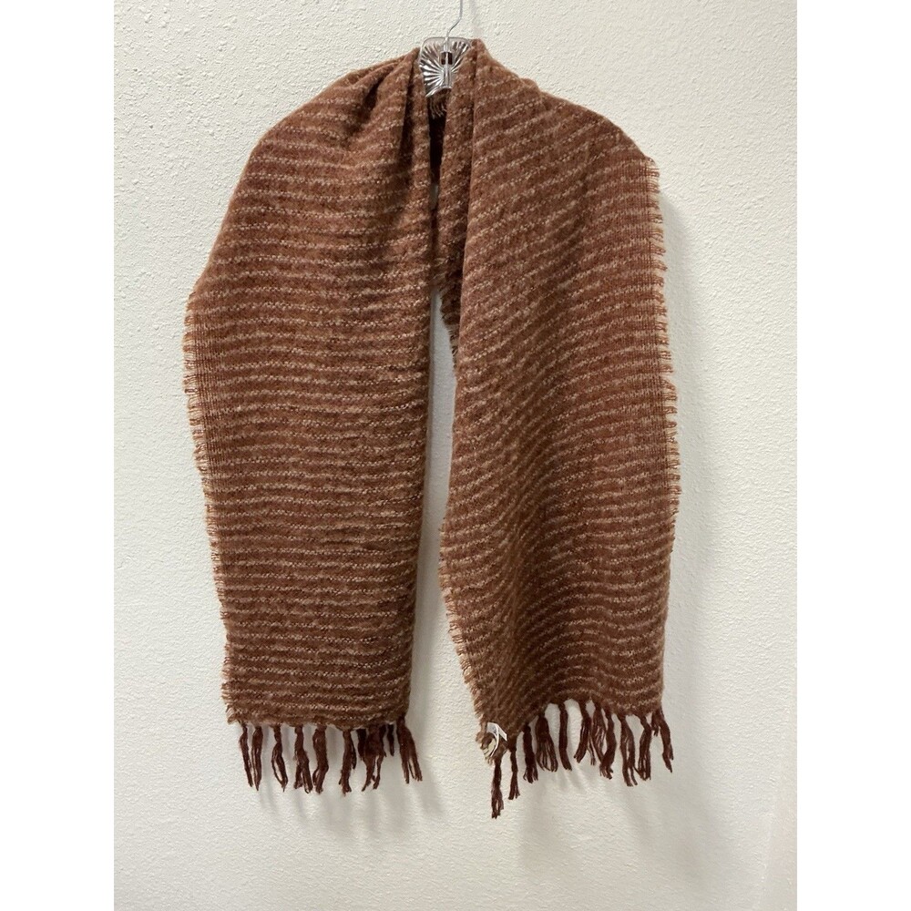 REI Co-op Women’s Scarf Brown Beige Striped Knit Fringed Wool Blend One Size